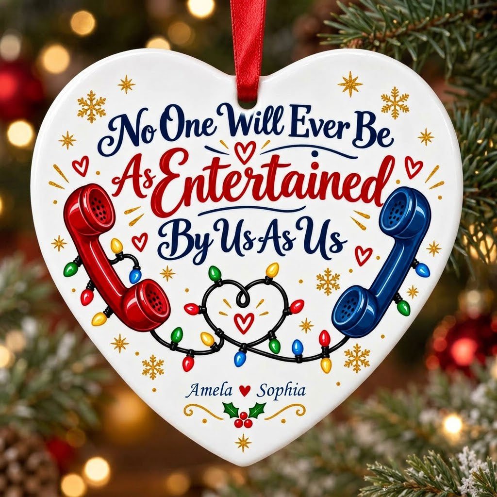 Heart ceramic ornament with red and blue vintage phones, heart-shaped Christmas lights, gold snowflakes and holly.