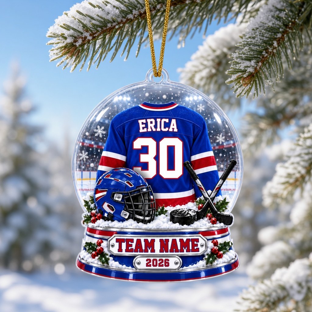 A custom-cut snow globe acrylic ornament with hockey jersey, helmet, crossed sticks, puck, and holly on the base.