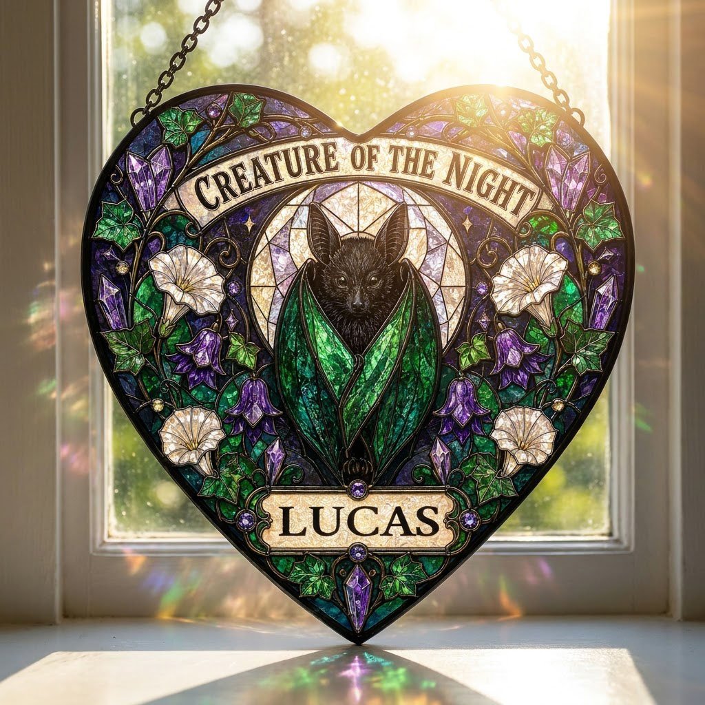 Heart stained glass suncatcher with a black bat over a moon, ivy, white morning glory flowers, purple bellflowers, and c