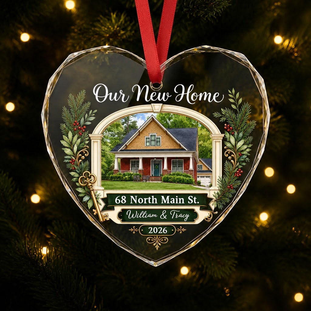 Heart glass ornament with archway, brick and yellow house, pine branches, gold key, and 'Our New Home' text.