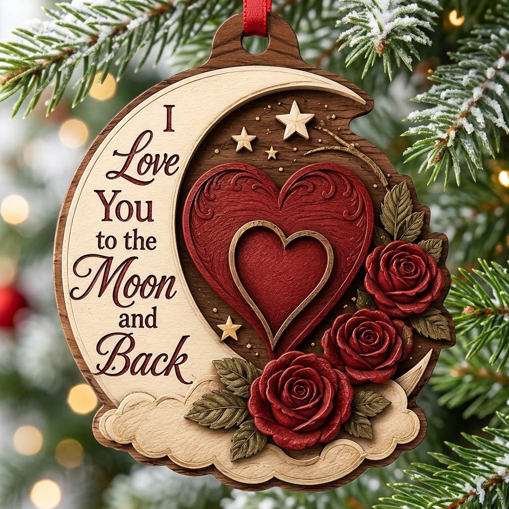 Custom-cut wood ornament with a crescent moon, red heart, three red roses, gold stars, and clouds.