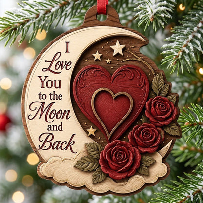 Custom-cut wood ornament with a crescent moon, red heart, three red roses, gold stars, and clouds.