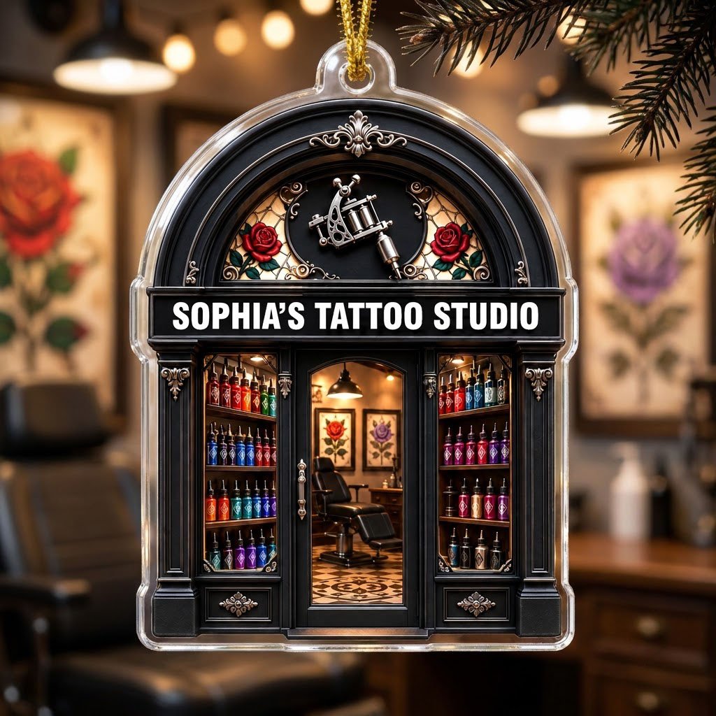 Arched black storefront tattoo ornament with silver machine, stained-glass roses, ink bottles, and a 'TATTOO STUDIO' sig