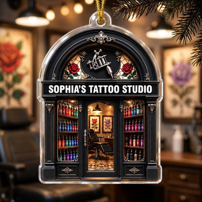Arched black storefront tattoo ornament with silver machine, stained-glass roses, ink bottles, and a 'TATTOO STUDIO' sig