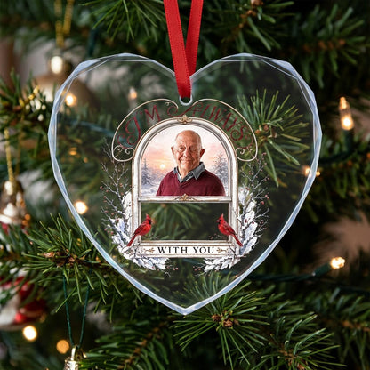 Heart-shaped glass ornament with red cardinals, arched photo window, and I'M ALWAYS WITH YOU text on a snowy winter scen