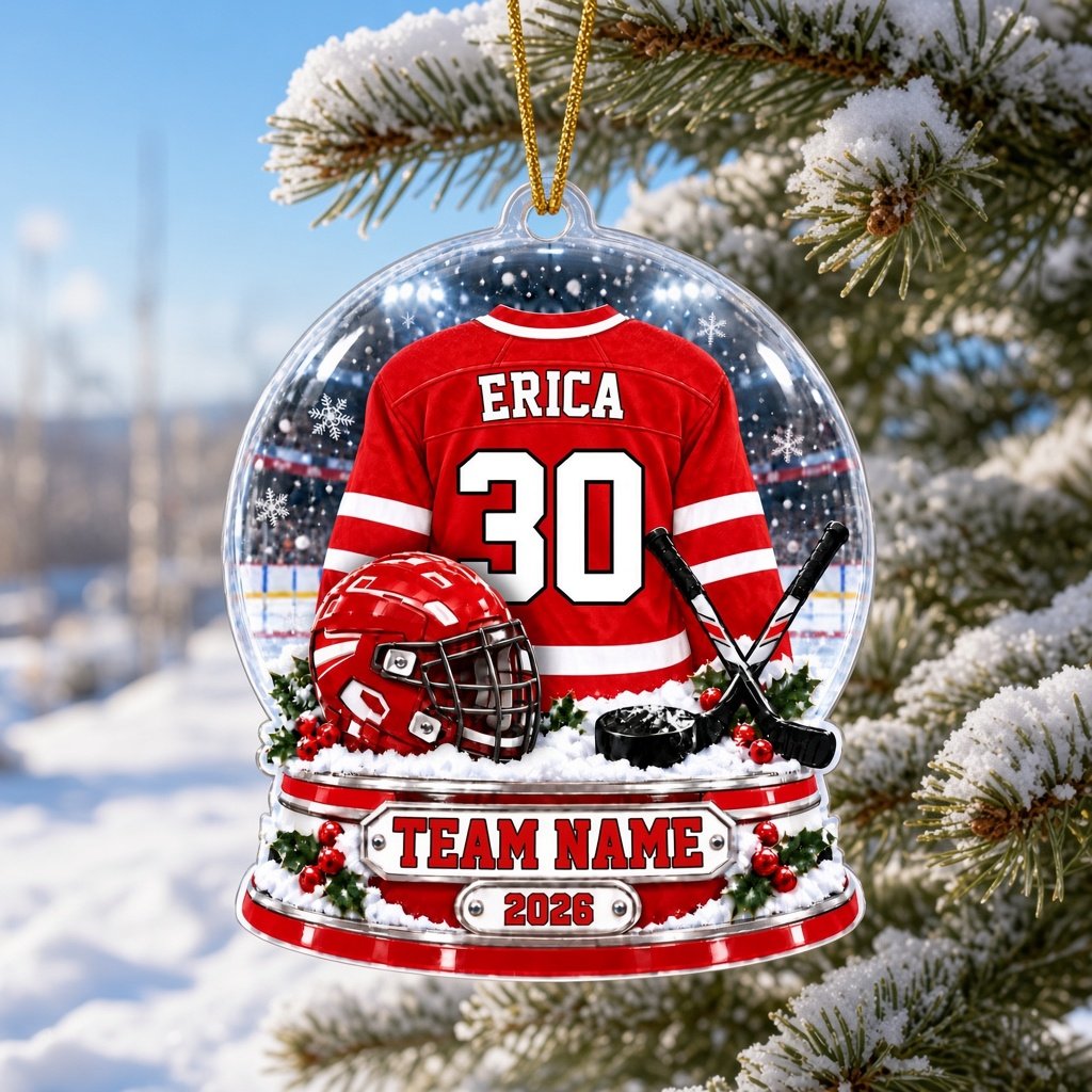 Acrylic snow globe ornament with red hockey jersey, helmet, crossed sticks, puck, holly and a silver name plaque.