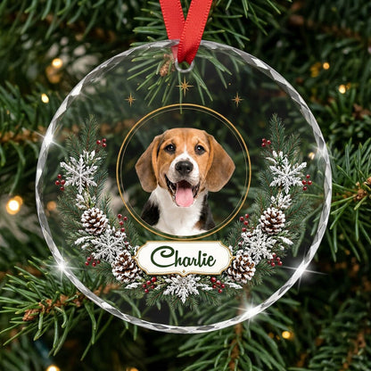 Personalized Dog Photo Holiday Wreath Round Glass Ornament