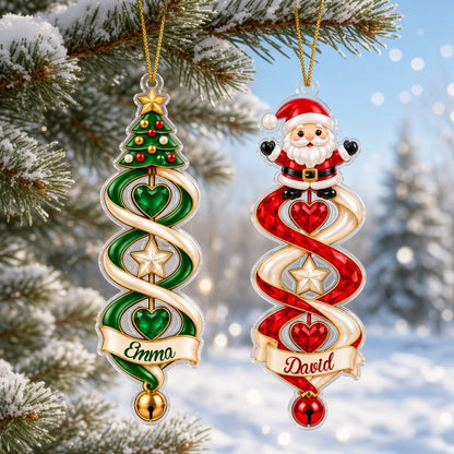 Custom-cut acrylic ornament with snowman or Christmas tree, spiral ribbon, gem hearts, and a name banner with bell.