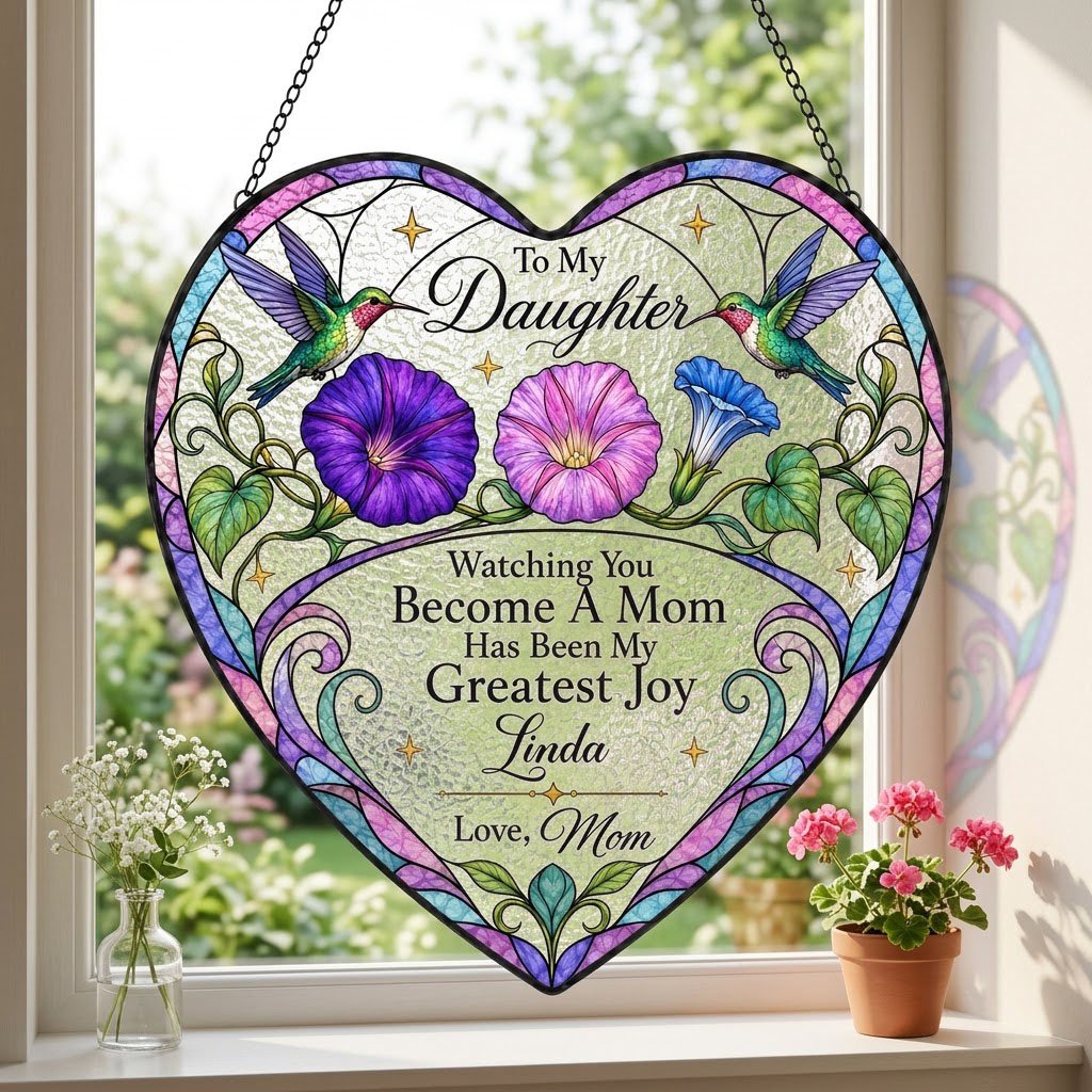 Heart-shaped stained-glass suncatcher with two hummingbirds, morning glory flowers, and 'To My Daughter' text.