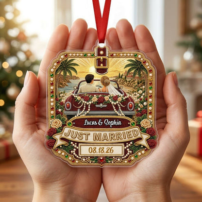 Personalized Just Married Vintage Car Acrylic Ornament