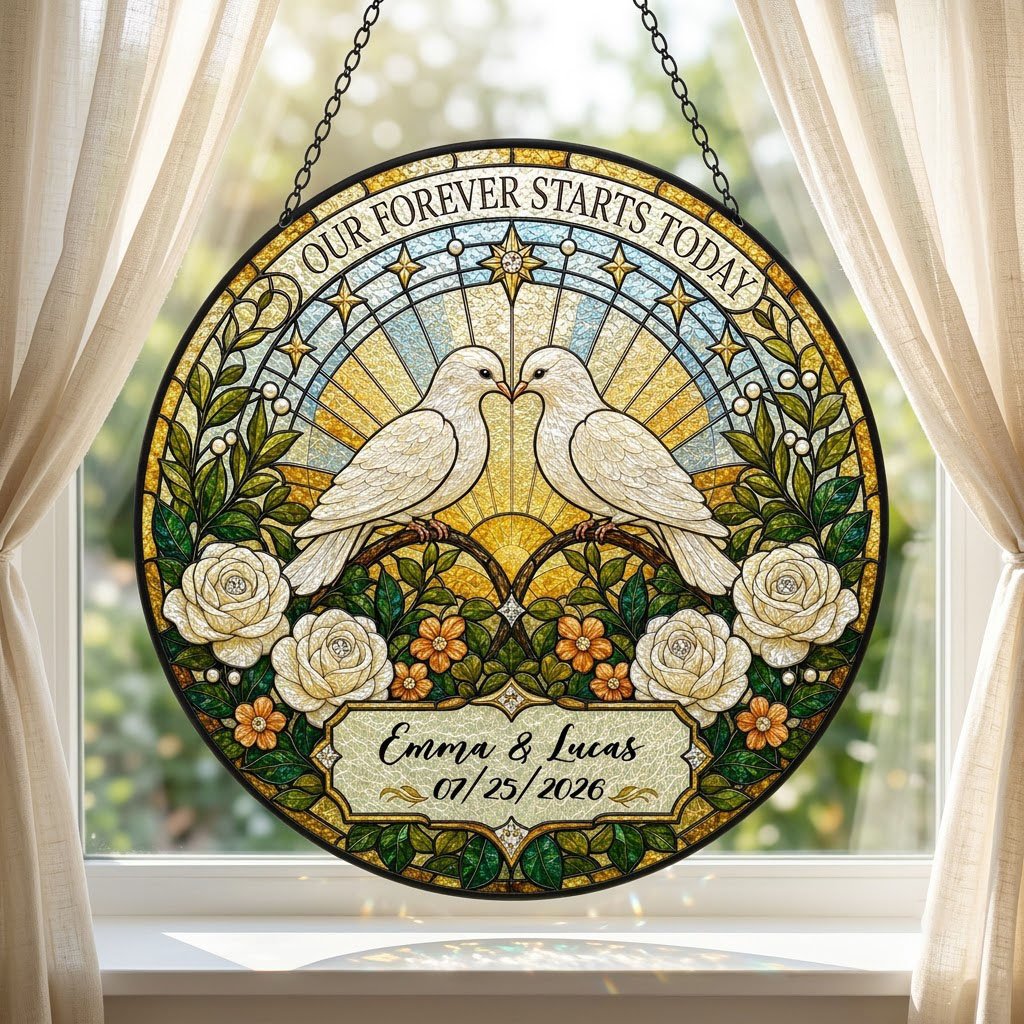 Personalized Wedding Doves Our Forever Starts Today Floral Stained Glass Round Suncatcher