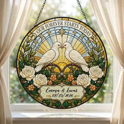 Personalized Wedding Doves Our Forever Starts Today Floral Stained Glass Round Suncatcher