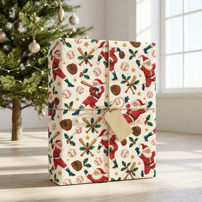 Vintage Santa playing baseball, mitts, crossed bats with holly, baseballs and stars on a cream background.