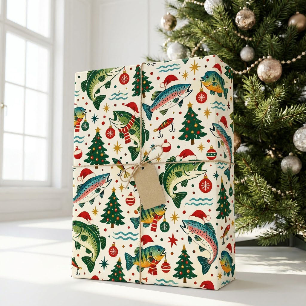 Wrapping paper with fish in Santa hats and scarves, trees, ornaments, lures, stars and blue wavy lines