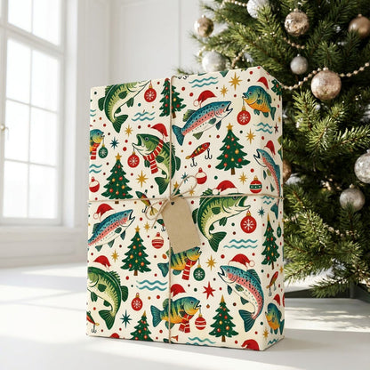 Wrapping paper with fish in Santa hats and scarves, trees, ornaments, lures, stars and blue wavy lines