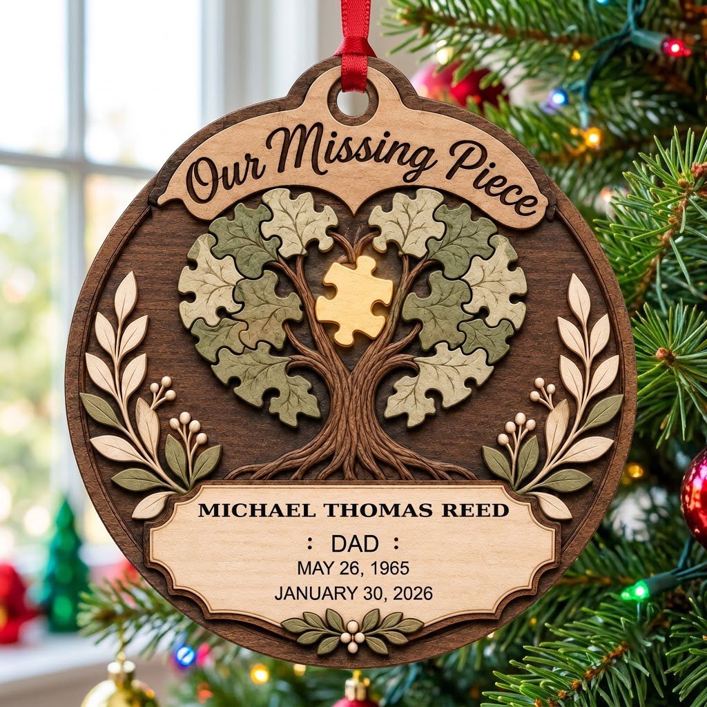 Round wood ornament displays “Our Missing Piece” with a puzzle-piece family tree and a gold missing piece at the center.