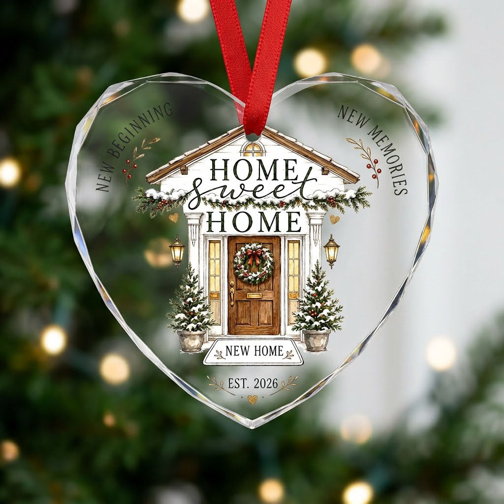 Home Sweet Home Winter Front Porch Heart Glass Ornament