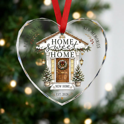 Home Sweet Home Winter Front Porch Heart Glass Ornament