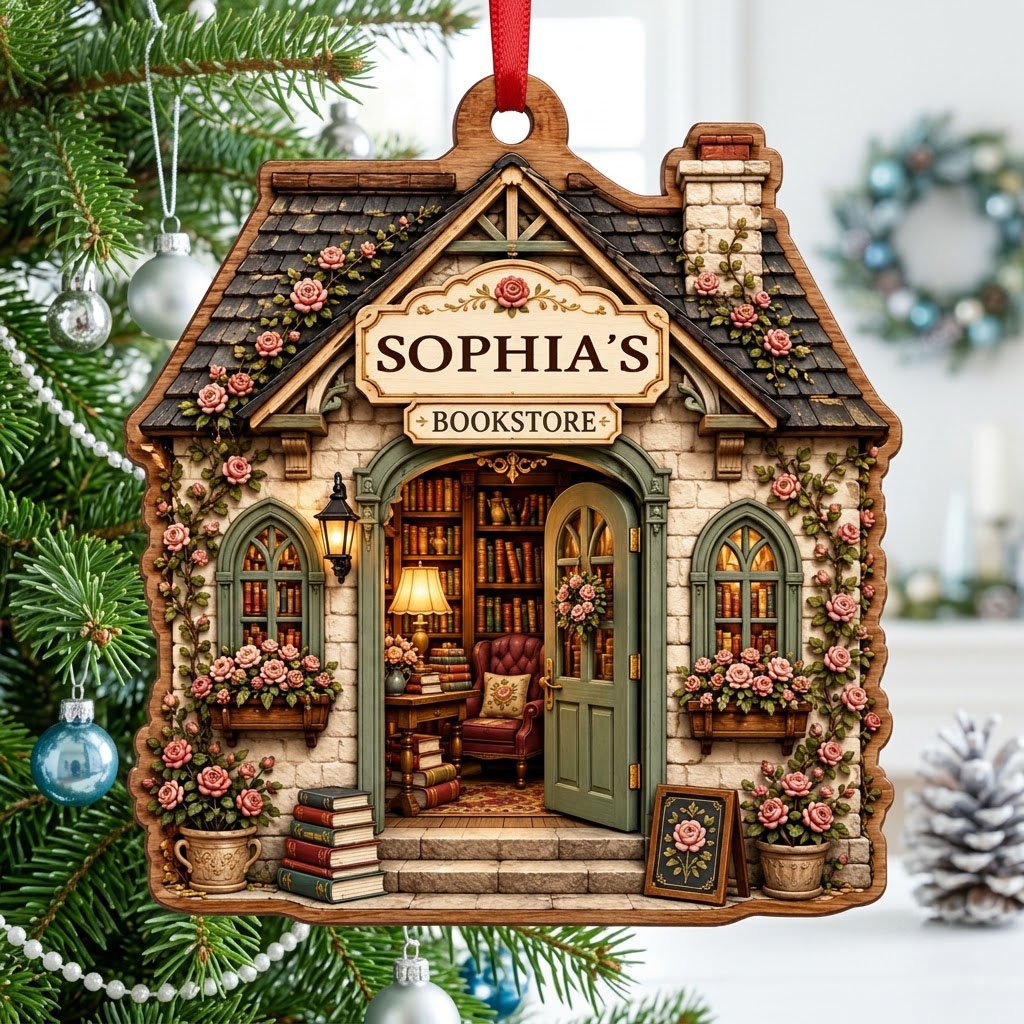 House-shaped wood ornament of a cozy bookstore with green door, rose vines, books, and a BOOKSTORE sign.