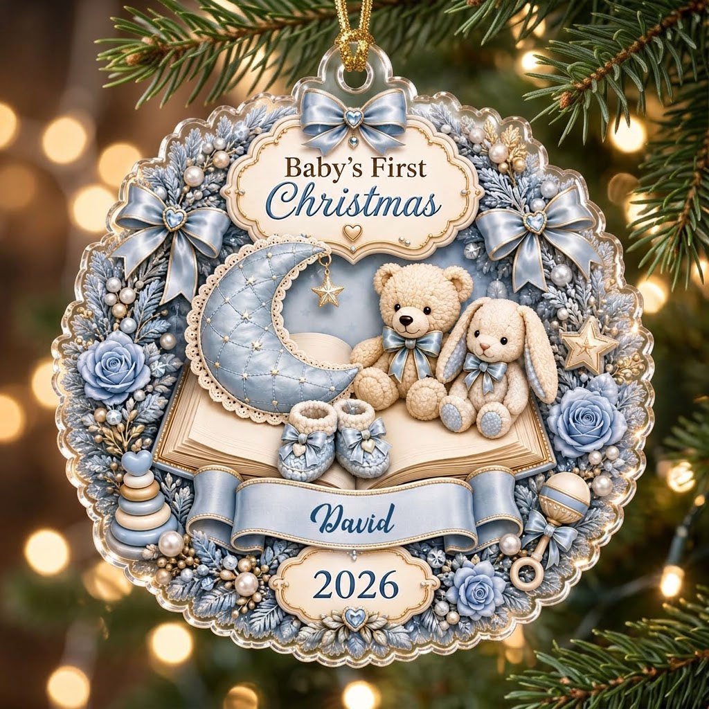 Blue floral wreath acrylic ornament with moon, teddy and bunny, plus Baby's First Christmas with name and year.