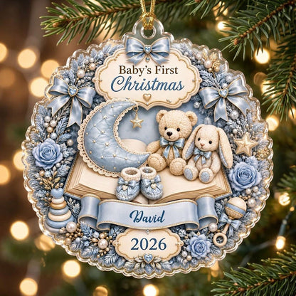 Blue floral wreath acrylic ornament with moon, teddy and bunny, plus Baby's First Christmas with name and year.