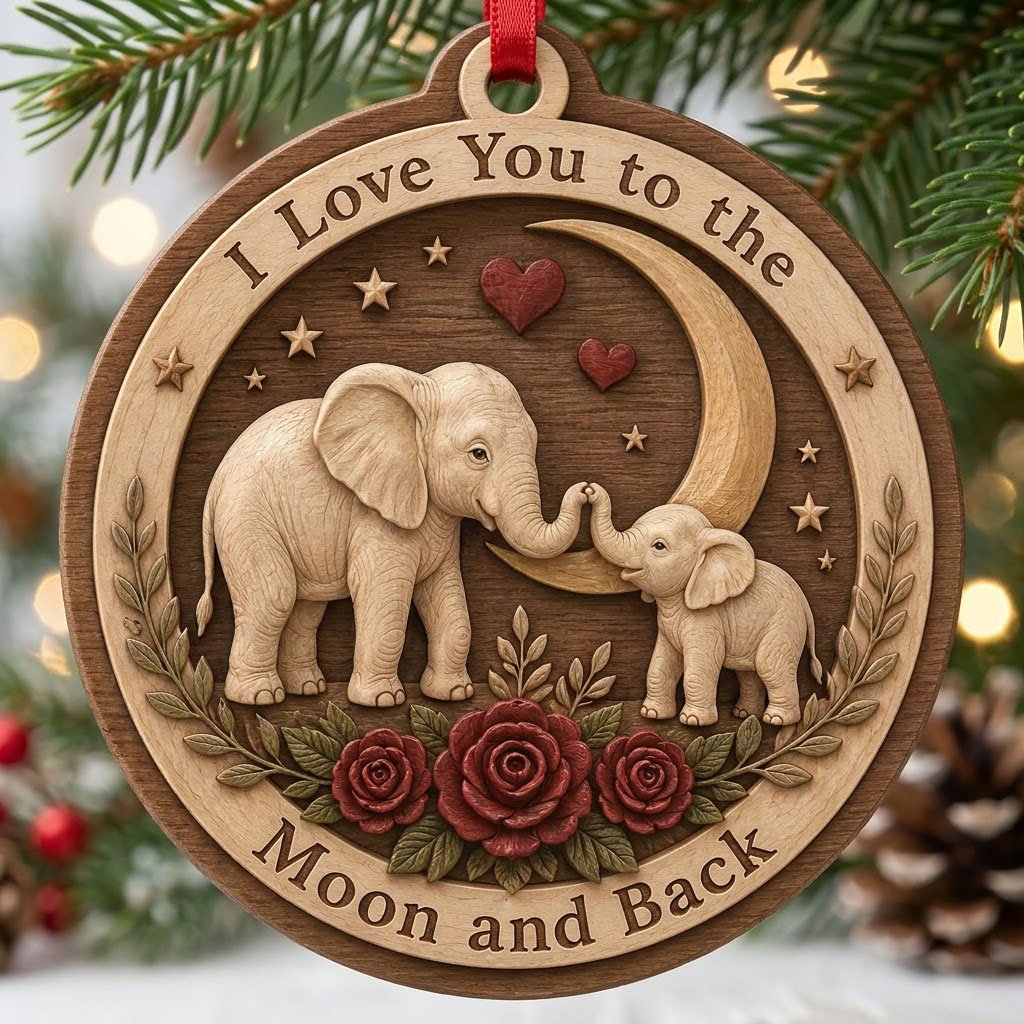 Round wood ornament with adult and baby elephants touching trunks under a crescent moon, red hearts, stars, and roses