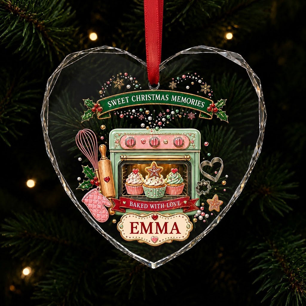 Heart suncatcher with mint-green oven, cupcakes, baking tools, holly, and Sweet Christmas Memories text