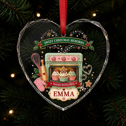 Heart suncatcher with mint-green oven, cupcakes, baking tools, holly, and Sweet Christmas Memories text