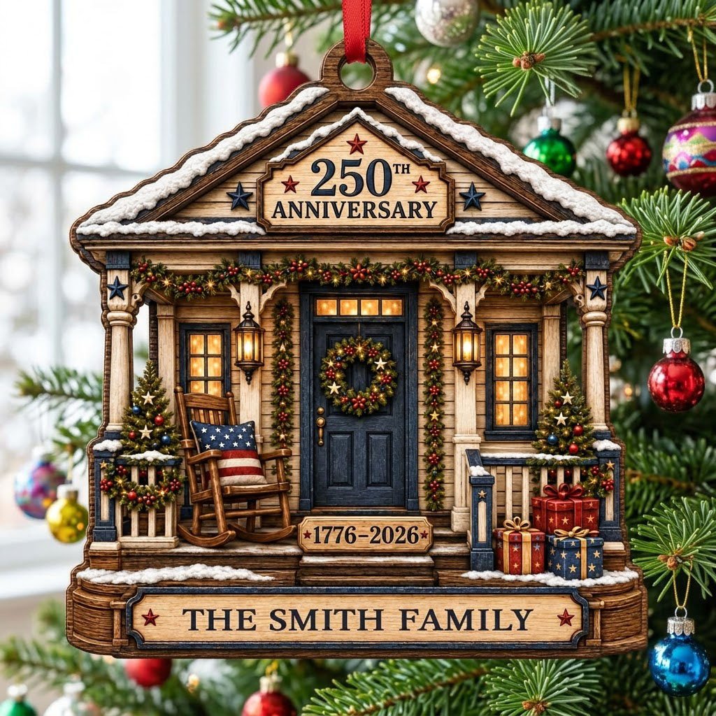 House-shaped ornament with patriotic porch, blue door, wreath, and '250TH ANNIVERSARY 1776-2026' text