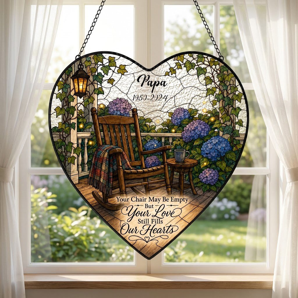Heart stained glass suncatcher with empty porch rocking chair, lantern, ivy, and purple and blue hydrangea bushes.