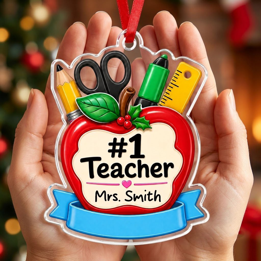 Personalized #1 Teacher Red Apple Acrylic Ornament, Custom School Appreciation Keepsake