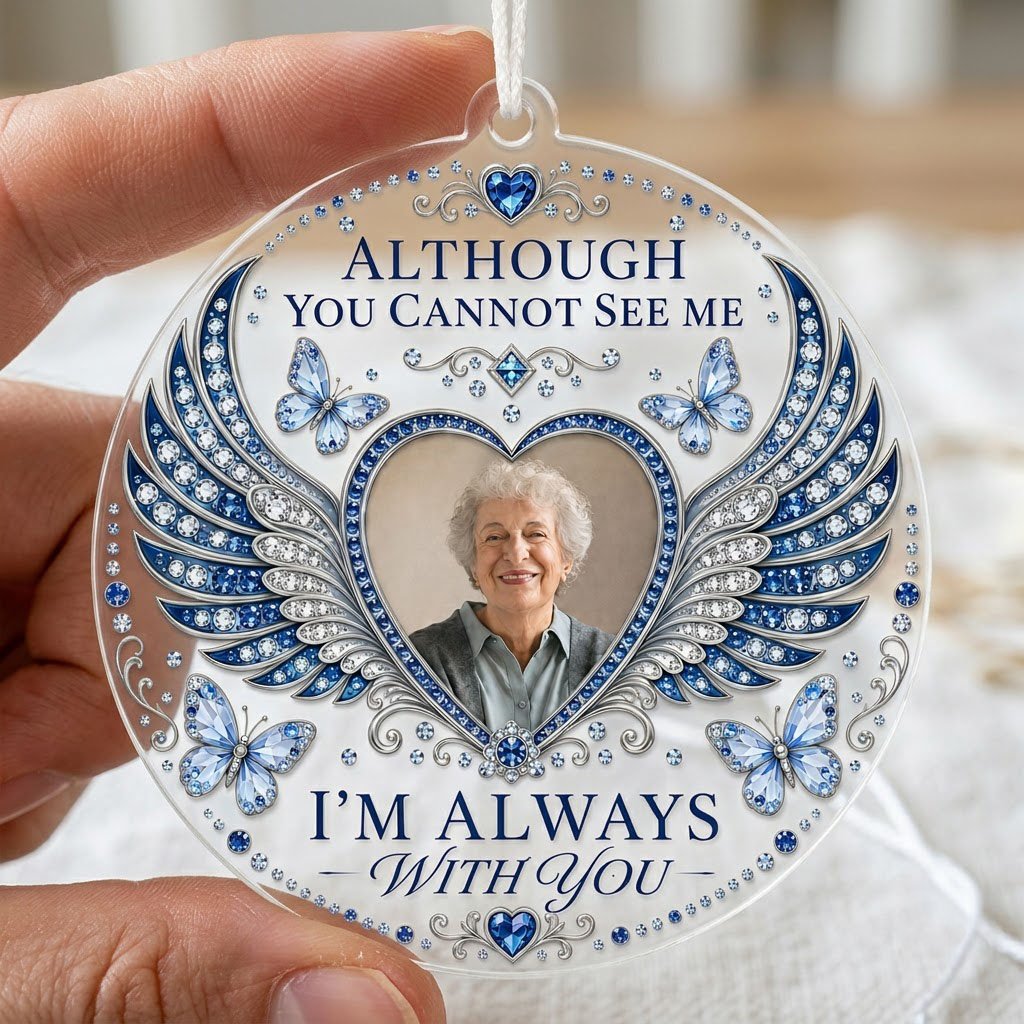 Personalized Sapphire Angel Wings Heart Photo Memorial Acrylic Ornament