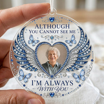 Personalized Sapphire Angel Wings Heart Photo Memorial Acrylic Ornament