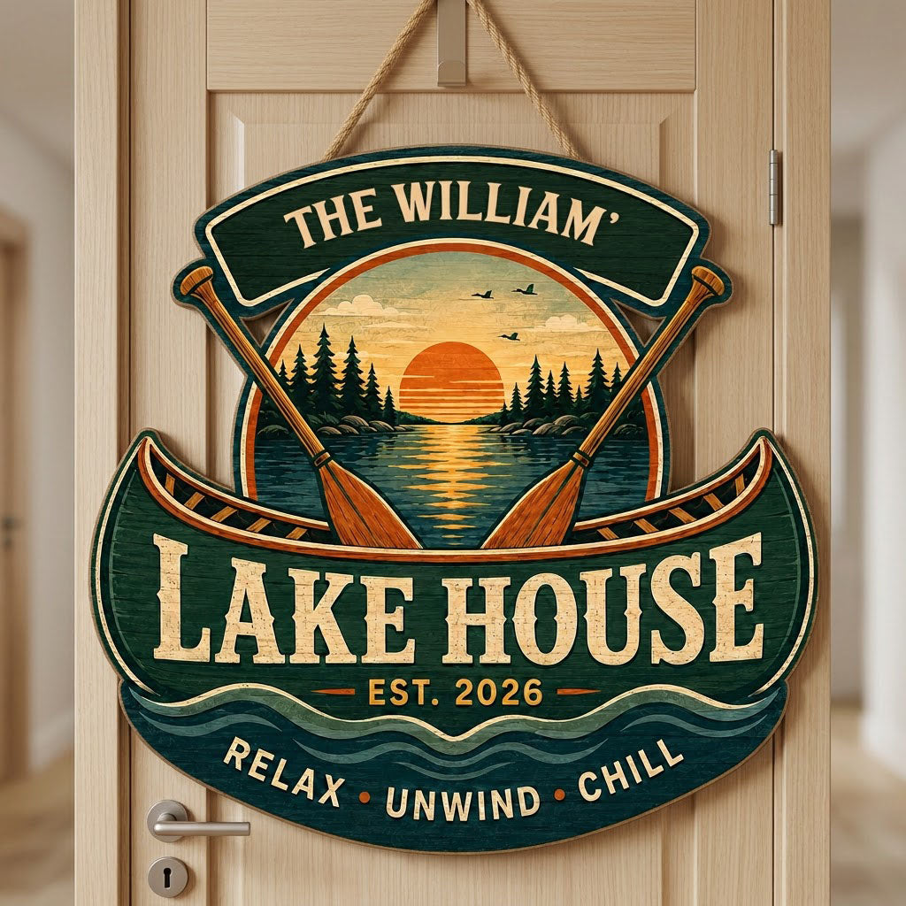 Personalized Lake House Canoe Sunset Wooden Hanging Sign