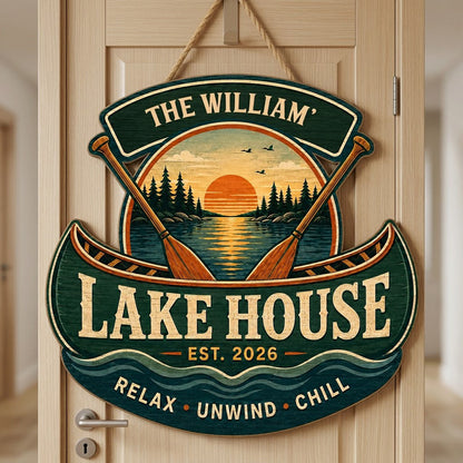 Personalized Lake House Canoe Sunset Wooden Hanging Sign
