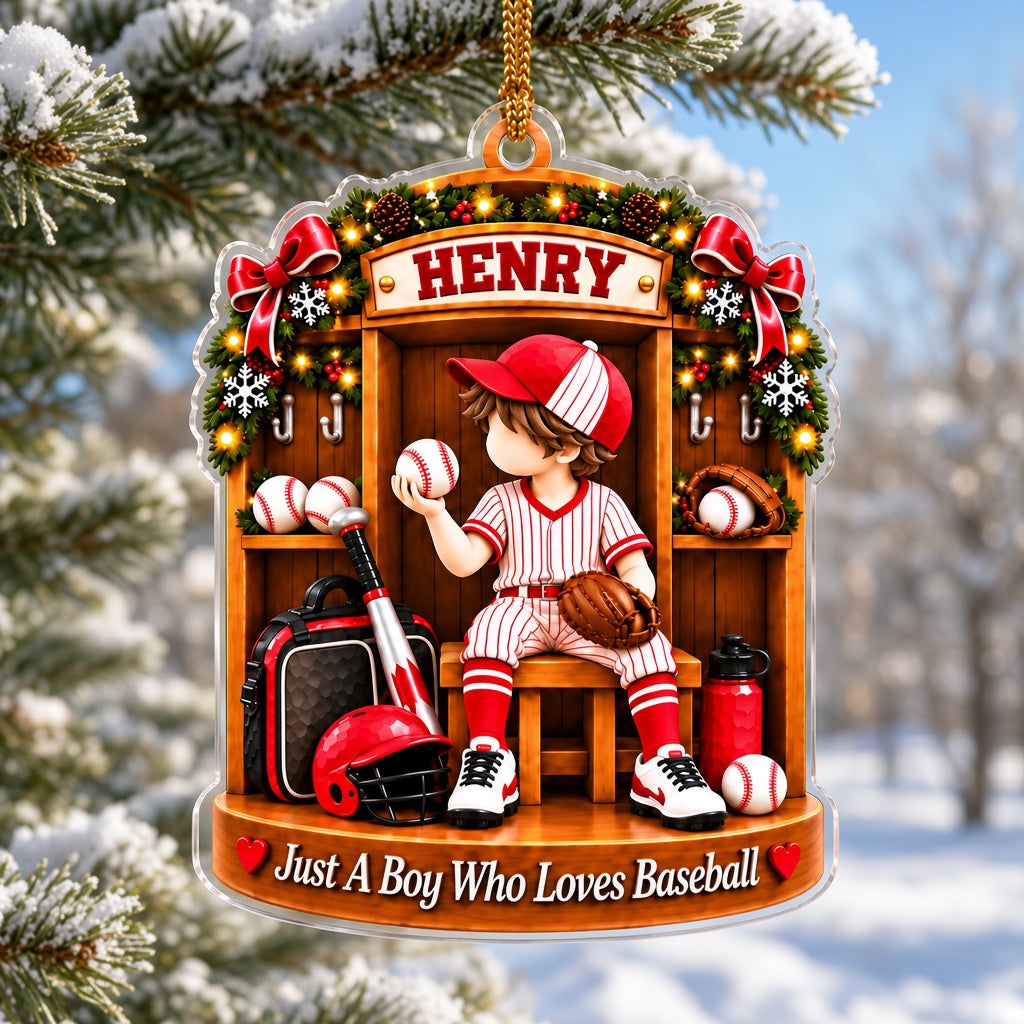Acrylic ornament of a boy in red pinstripe baseball gear in a locker with garland and 'Just A Boy Who Loves Baseball'.