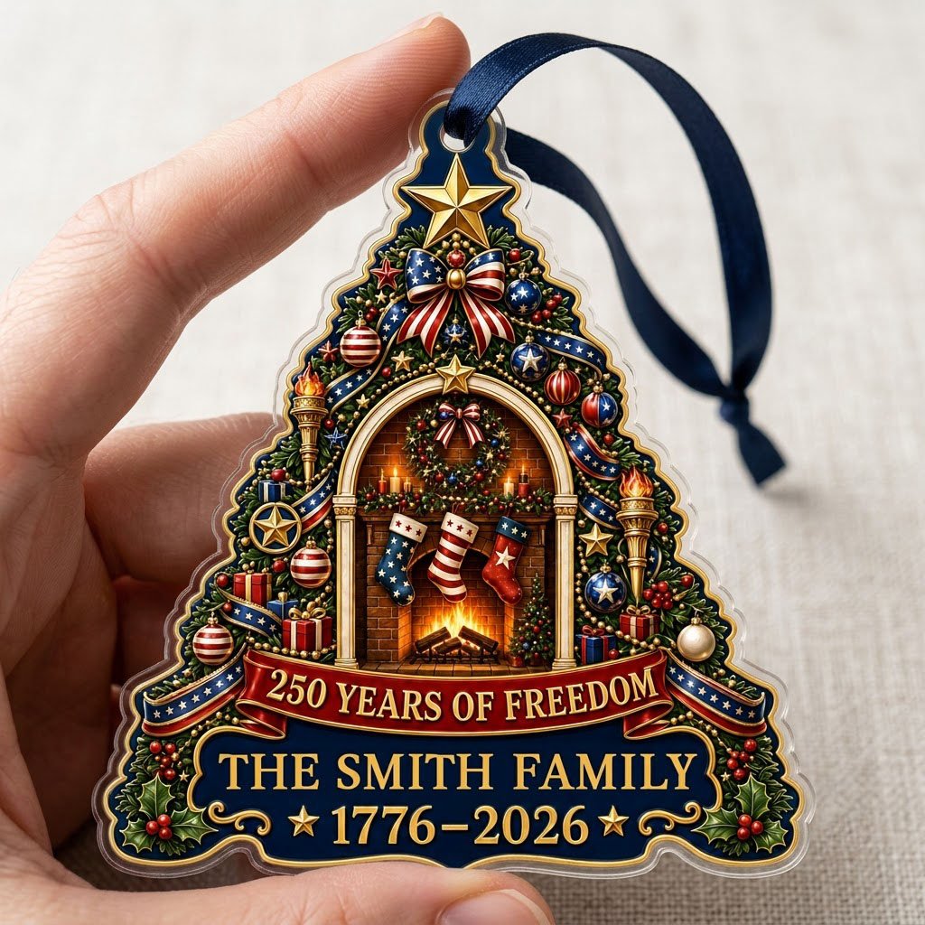 Personalized America 250th Tree Fireplace Acrylic Ornament, Custom Patriotic Holiday Keepsake