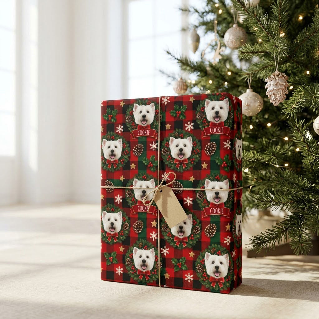 Red and green plaid wrapping paper with Westie in wreaths, snowflakes, stars, holly, and a name on red banners.