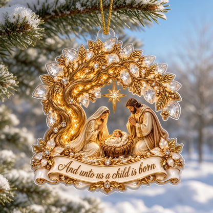 Acrylic ornament with Mary, Joseph and Baby Jesus under a radiant star, golden tree accents and a red ribbon.