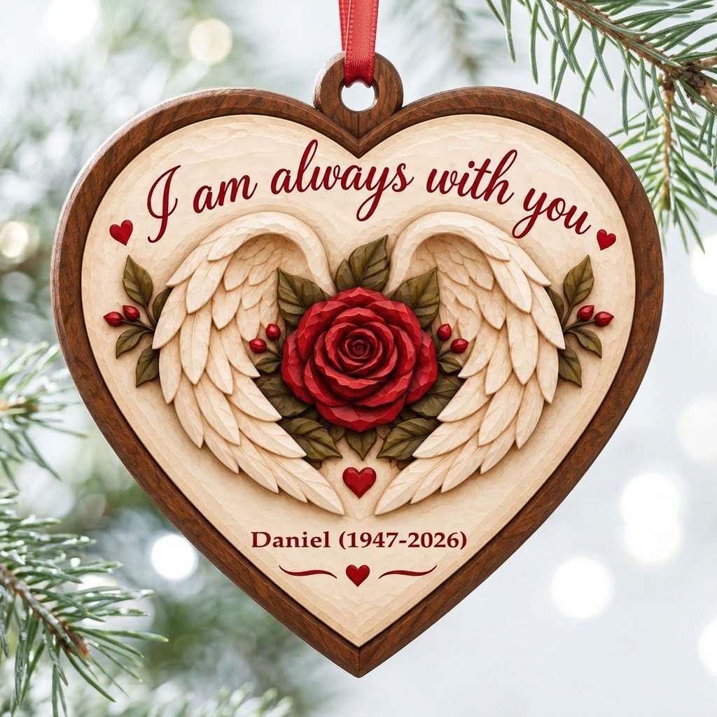 Heart-shaped wood ornament with angel wings around a red rose and the words 'I am always with you'.