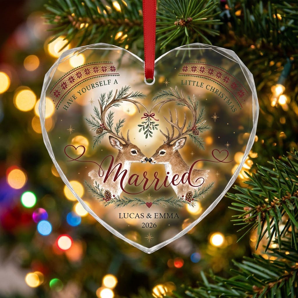 Personalized Married Deer Mistletoe Heart Glass Ornament