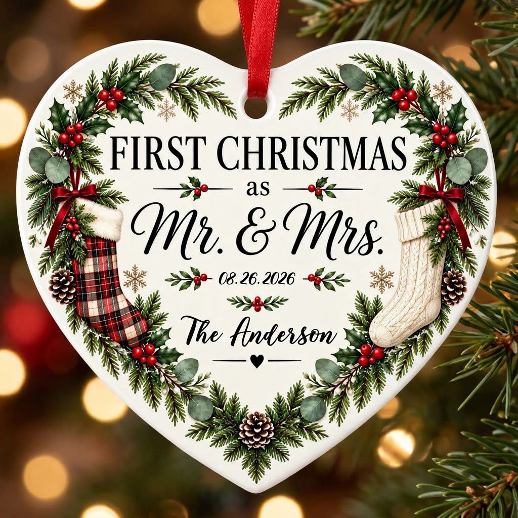 Heart ornament with greenery border, two stockings on bows, and 'FIRST CHRISTMAS as Mr. & Mrs.' text.