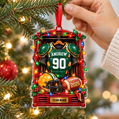 Red locker ornament with green jersey, yellow helmet and football, Christmas lights, personalized name and number.