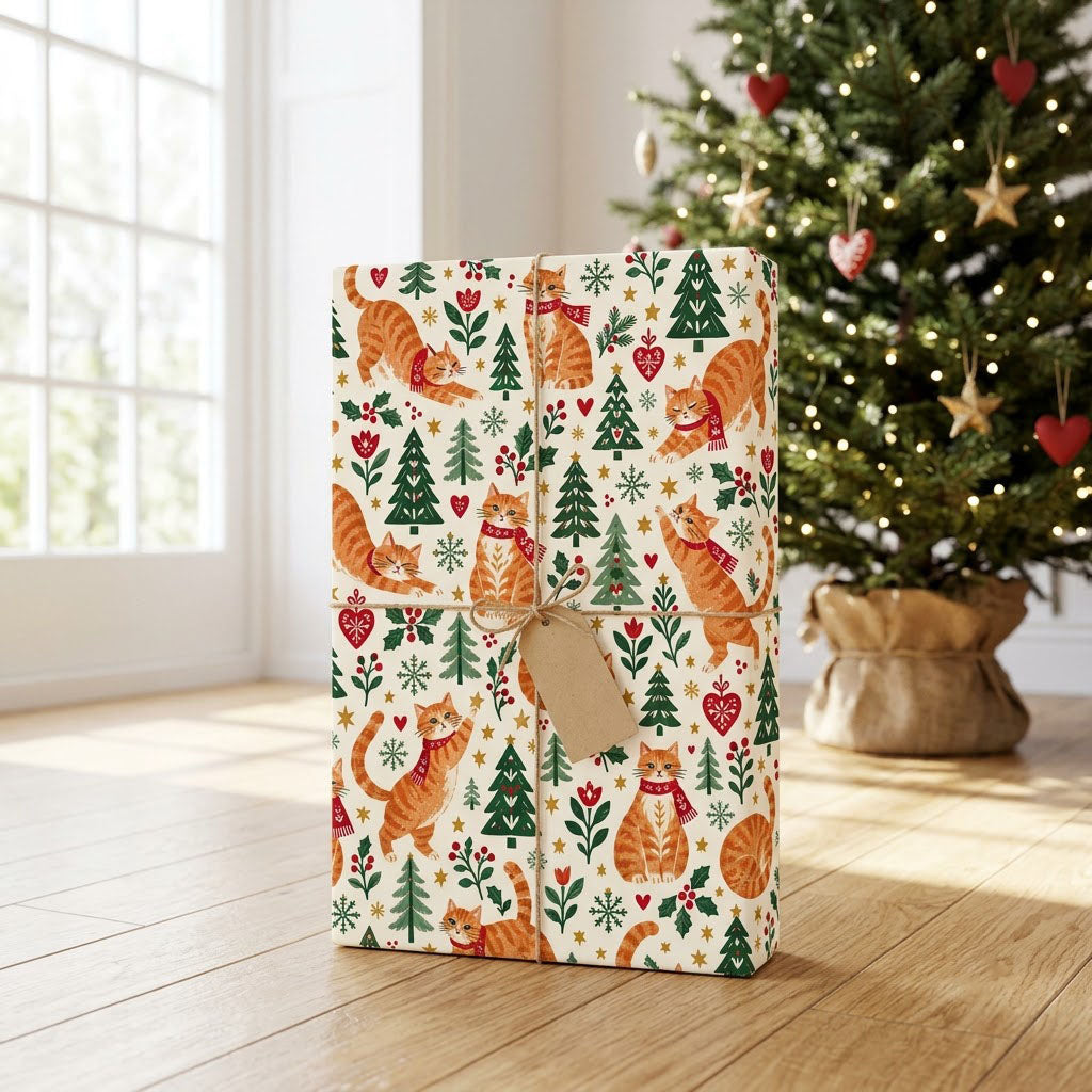 Cream wrapping paper with ginger tabby cats in red scarves, pine trees, hearts, berries, stars, and snowflakes.