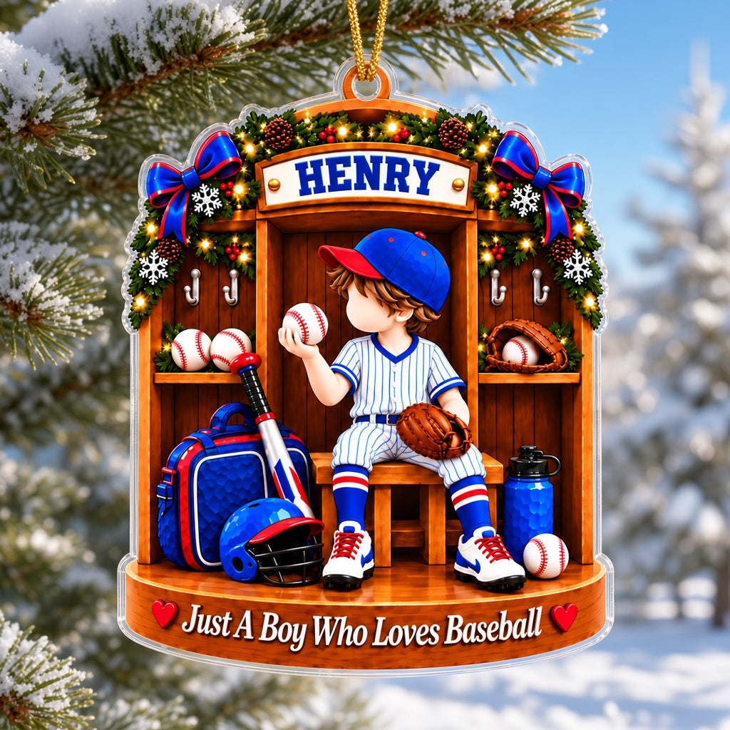 Acrylic ornament showing a boy in a blue pinstriped baseball uniform inside a garland-decorated wooden locker.