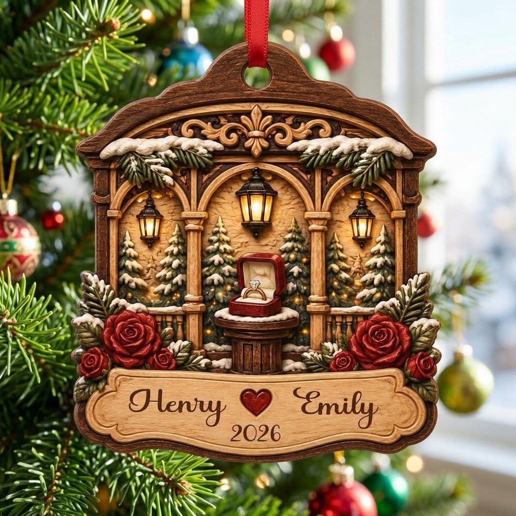 Arched wood ornament with three lanterns, pine trees, red roses, and an open ring box on a central pedestal.