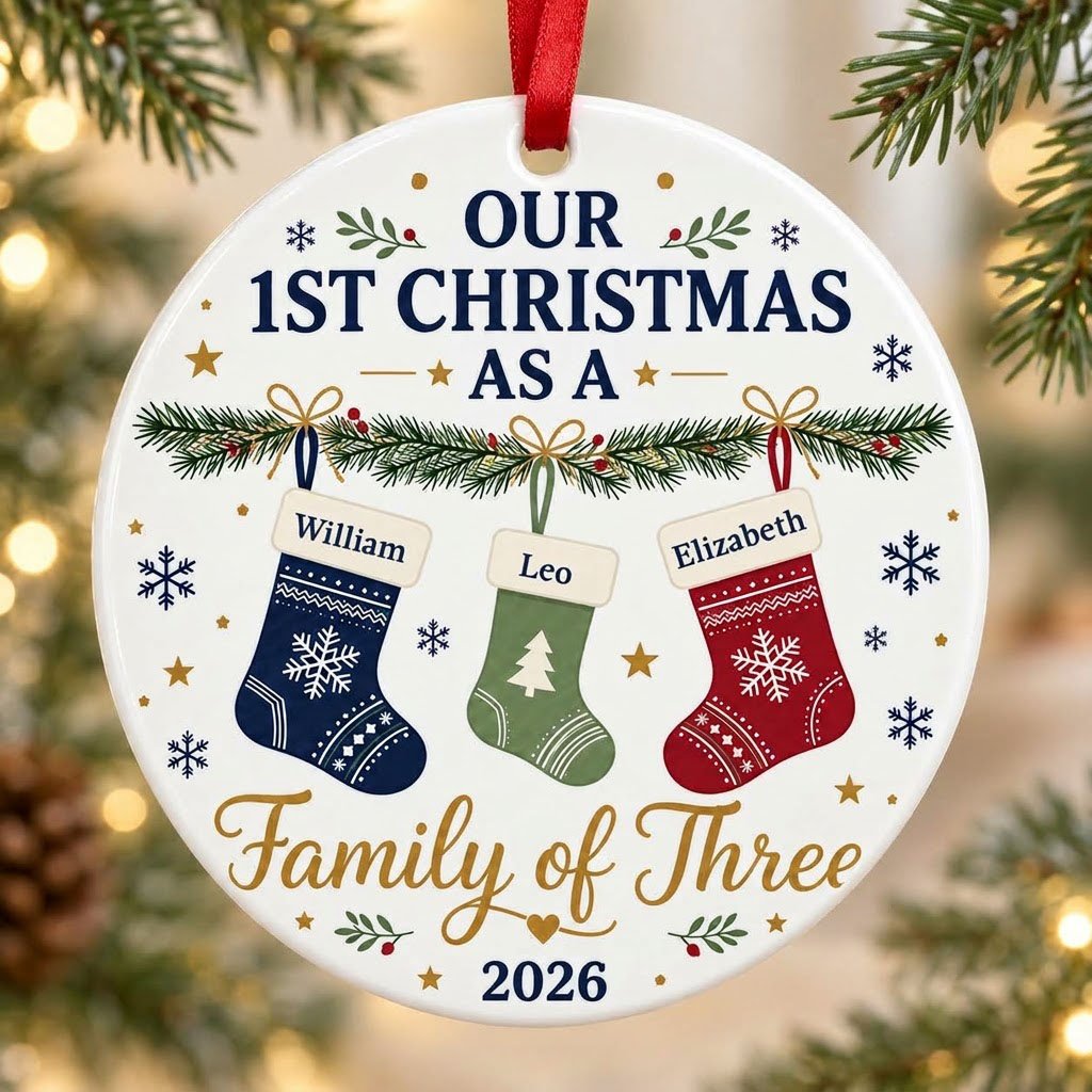 Round white ceramic ornament with garland, three stockings, and 'OUR 1ST CHRISTMAS AS A Family of Three 2026' text with 