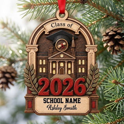 Personalized Class of Graduation Crest Wood Ornament with Cap, Diploma & Laurels