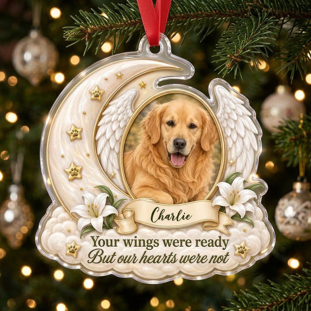 Crescent moon and angel wings acrylic ornament with oval pet photo, paw-print stars, white lilies, clouds, and a name ba