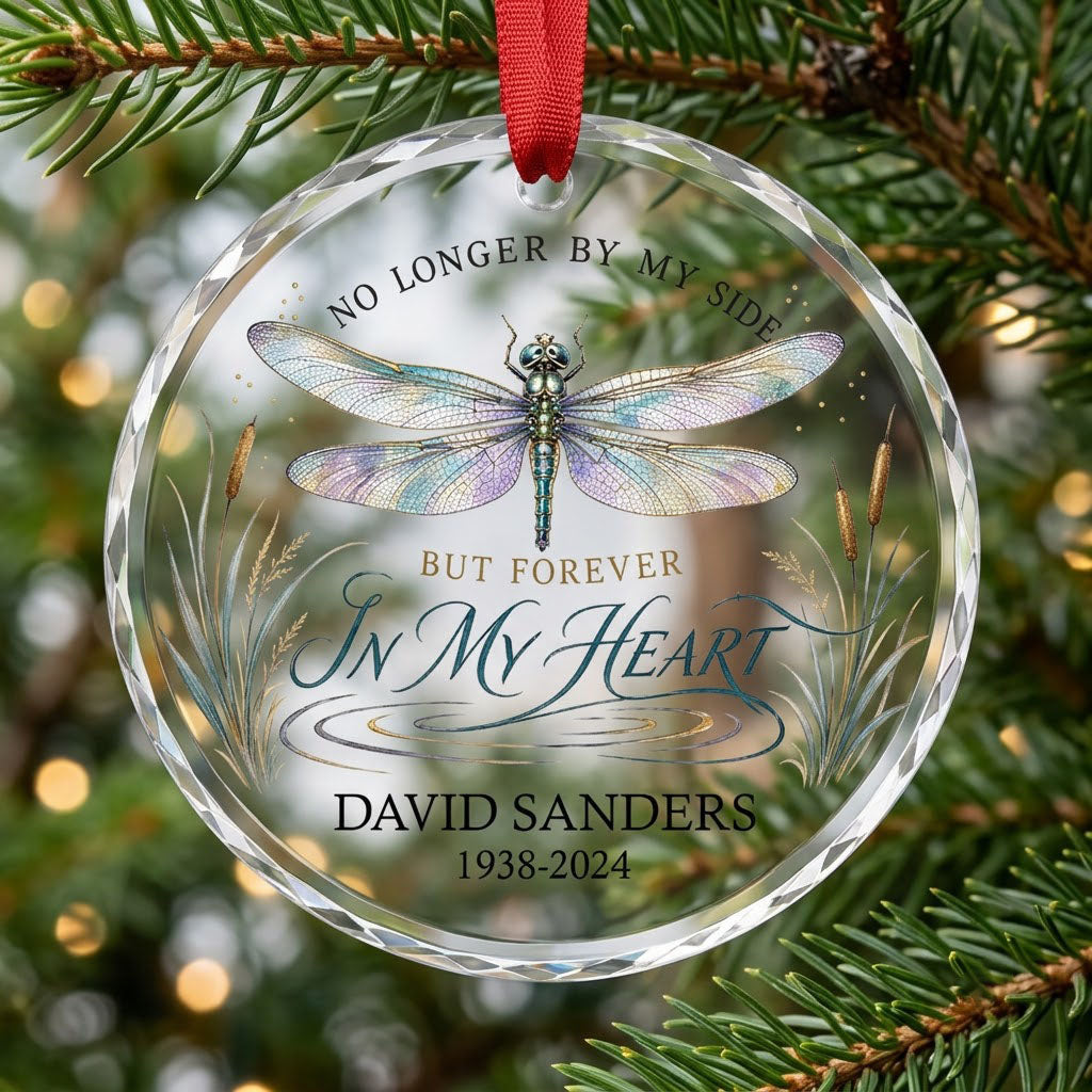 Personalized Dragonfly Memorial No Longer By My Side Round Glass Ornament
